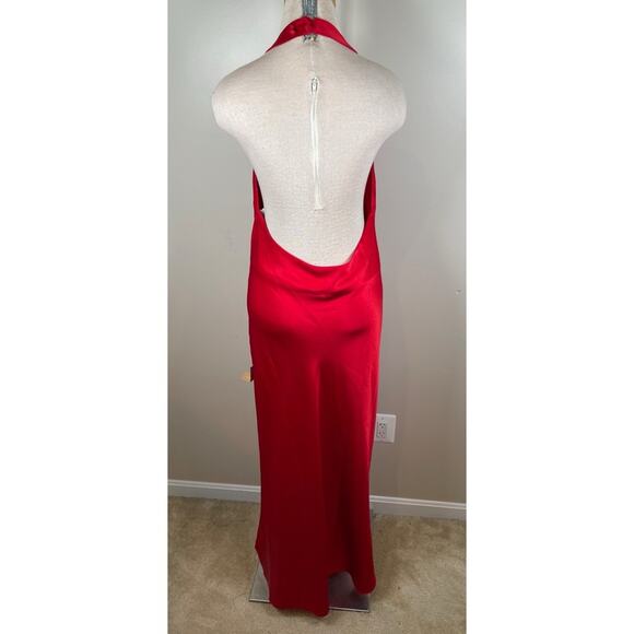 Reformation Meral Halterneck Open Back Satin Cherry Red Midi Dress Size XL - Picture 7 of 9